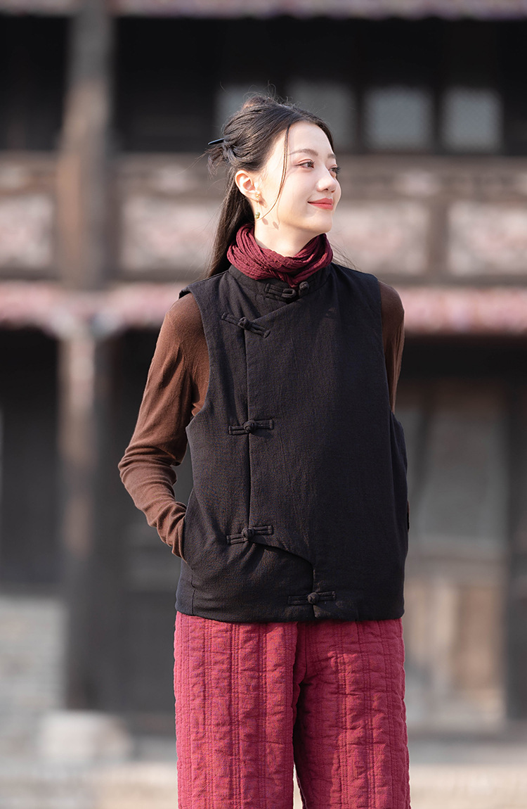 23 cotton and linen women's clothing New National style vintage buckle cotton vest top women's sand wash linen quilted warm vest_voghion.com