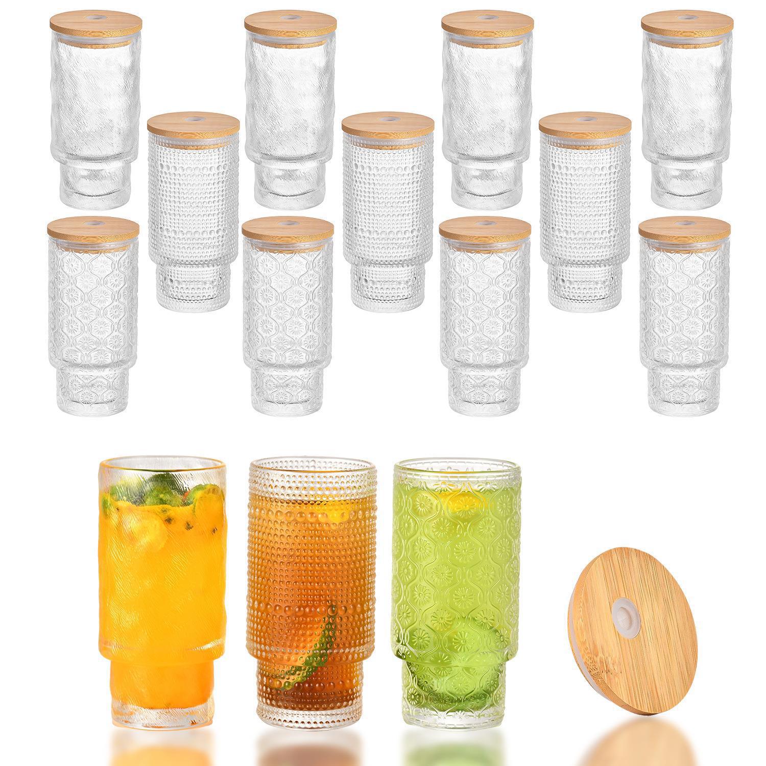 Amazon 11oz vertical pattern stacked cup glass drink with lid with straw juice cup drink Creative Glass