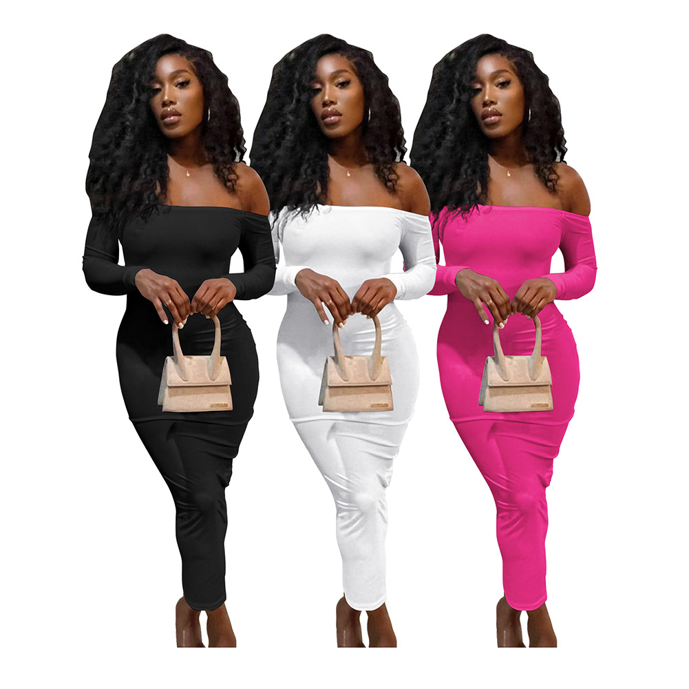 D88211 European and American Women's Clothing Amazon Hot Cross-border Supply New Backless Shoulder Long Sleeve Solid Color Dress