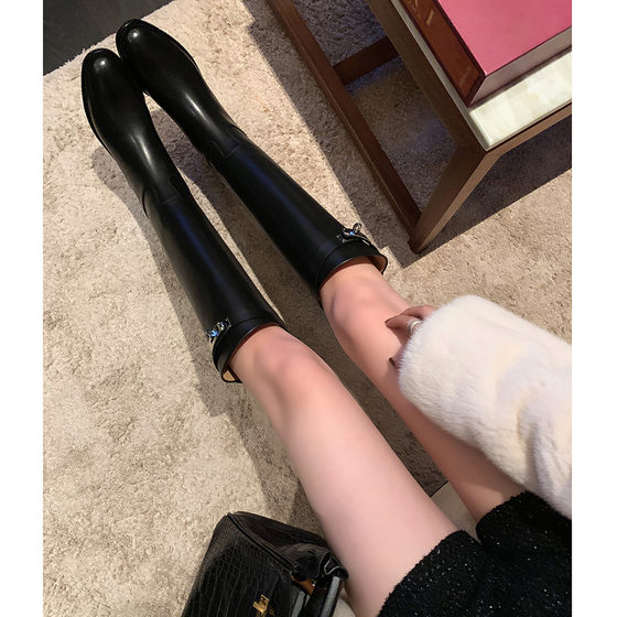 2024 new round head metal buckle boots women's winter but knee Joker casual high knight boots