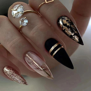 Black Almond Armor Dark Amber Gold Foil Flash Wearable Fake Nail Spice Sweet Cool ins Style nails