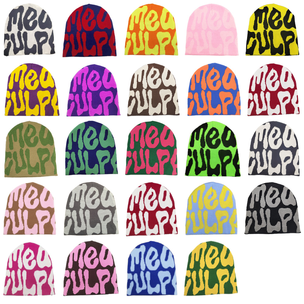 Bean Hat Autumn and Winter Cross-border Foreign Trade Meaculpa Knitted Hat Pullover Multicolor Letters European and American Men and Women Adult Wool