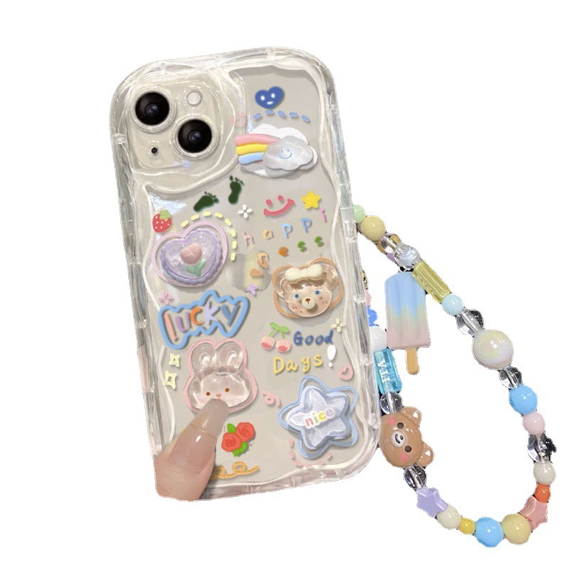 Applicable to Apple 14promax mobile phone case iPhone13 drop-resistant 11/12 stereo rabbit bear XR/XS bracelet