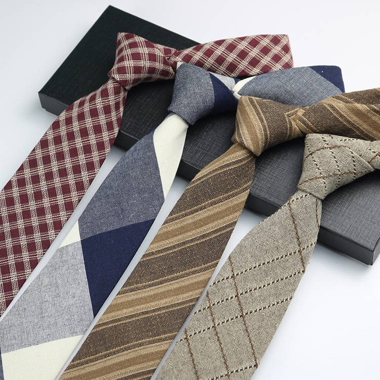 Tie Men's Korean Style Retro British Style 7cm Narrow Black Grey Striped Plaid Cotton Linen Shirt Student School Style Hands