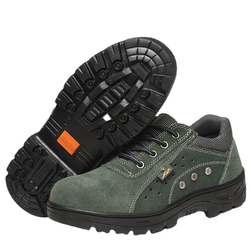 Raised Cowhide Breathable Labor Protection Shoes Anti-Smash Anti-Puncture Safety Shoes Green Steel Toe Steel Sole Work Shoes