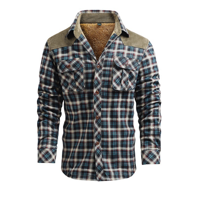 Cross-border factory foreign trade Amazon fleece-lined thickened shirt cotton plaid casual tooling European size foreign trade coat