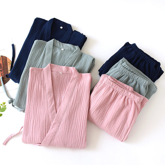 Couple's Japanese-style Kimono Pajamas Spring and Summer Thin Cotton Crepe Men's Bathrobe Lace-up Home Suit Sweaty Clothes