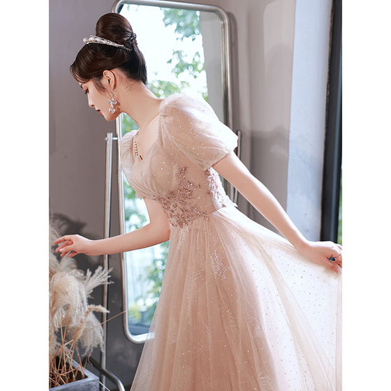 Evening Dress Women's 2024 New Spring Banquet Elegant Champagne Color Long Celebrity Host Usually Wearing Dress