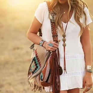 European and American Retro Bohemian Hand-woven Streamline Cotton and Linen Shoulder Bag Cross-border Women's Bag Amazon Independent Station