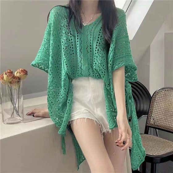 Summer Women's Cross-border Pure Desire Hollow-out Lace-up V-neck Knitted Top Lazy Western Style Mid-length Bat Sleeve Blouse