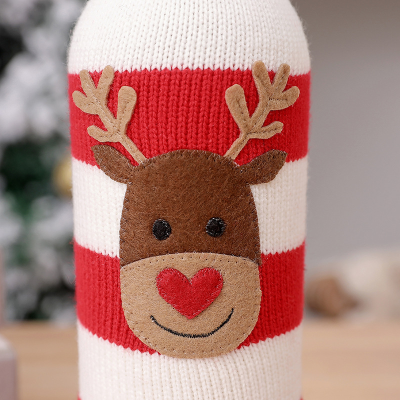 Neu Weihnachtsschmuck Wolle Acryl Gestrickte Gestreifte Weinflasche Set Elch Schneemann Wein Champagner Flasche_voghion.com