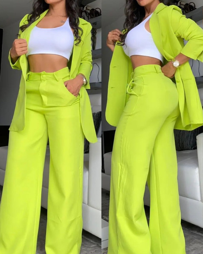 2023 European and American Foreign trade Women's elegant solid color split sleeve lapel suit pocket straight pants suit
