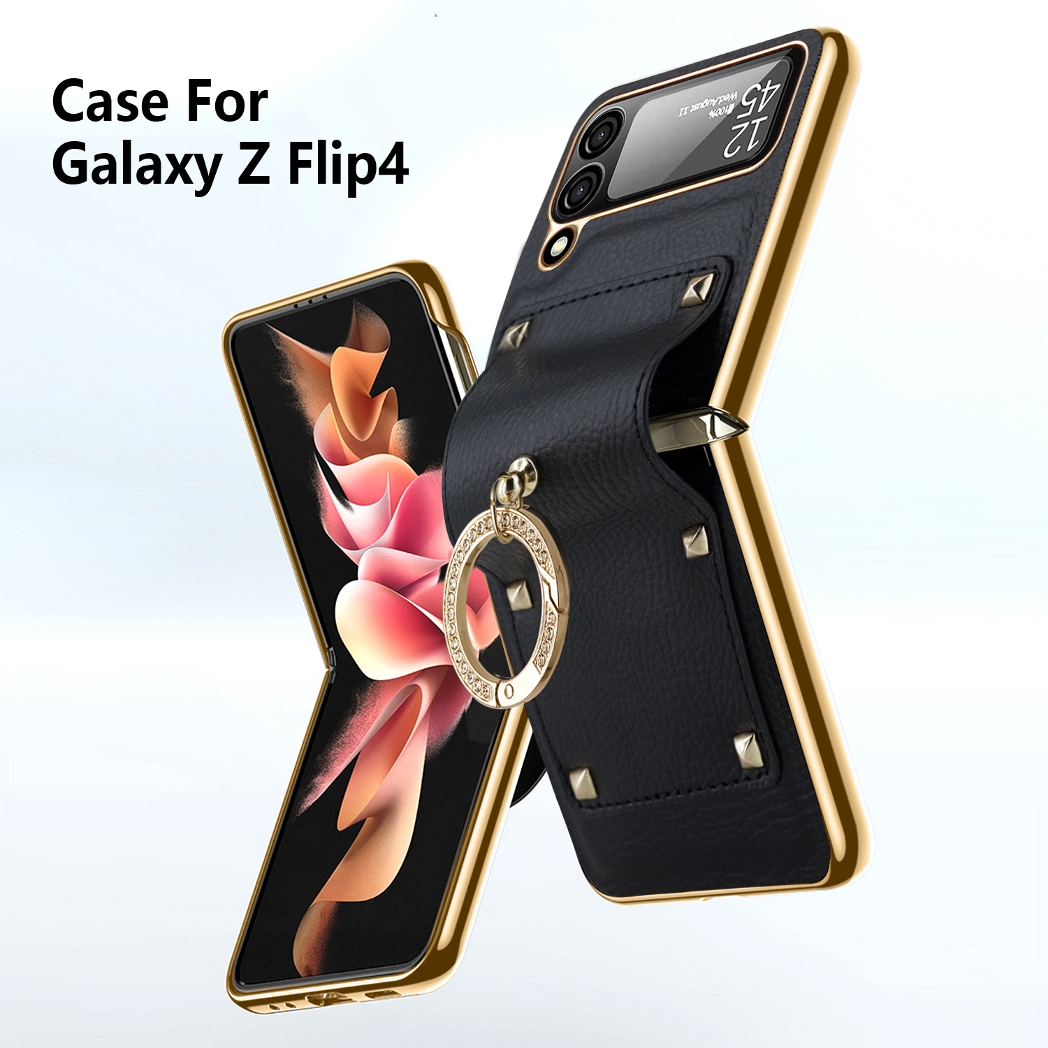 適用三星Z Flip5/4/3手機殼電鍍素皮指環支架時尚殼膜一體保護套