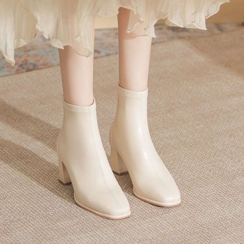 Short boots women's high heel chunky heel 2023 new boots white French square toe autumn and winter single boots fashion mid-calf thin boots