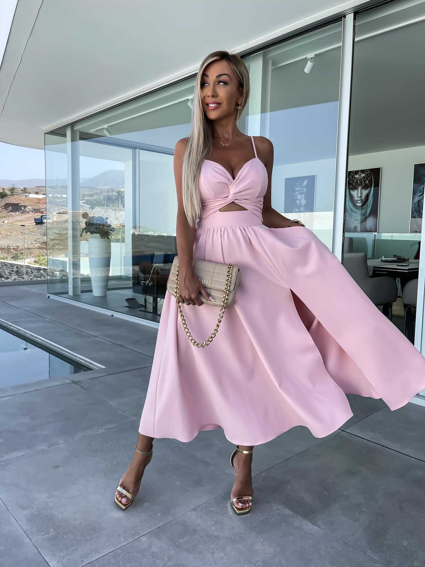 Foreign trade 23 years summer new fashion socialite deep V hollow big skirt split strap dress dress 23017