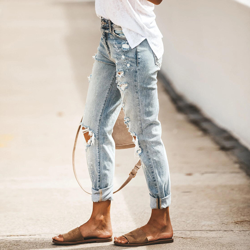 2021 Summer New Amazon Cross-border Europe and the United States Stretch Washed Hole Straight Street Style Denim Pants for Women