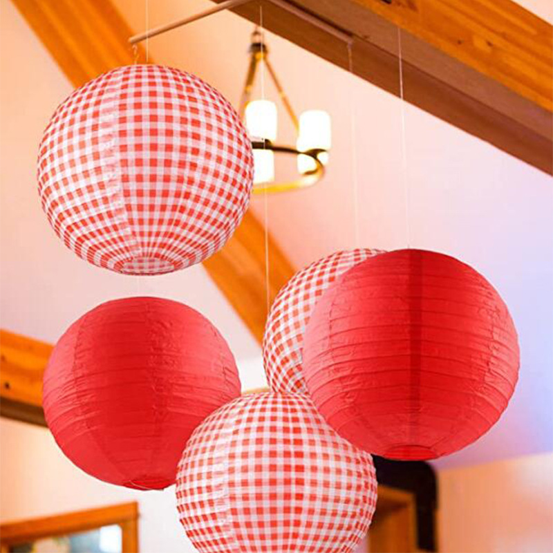 Cross-border new round lantern outdoor dinner red plaid paper lantern outdoor decoration red lantern factory wholesale