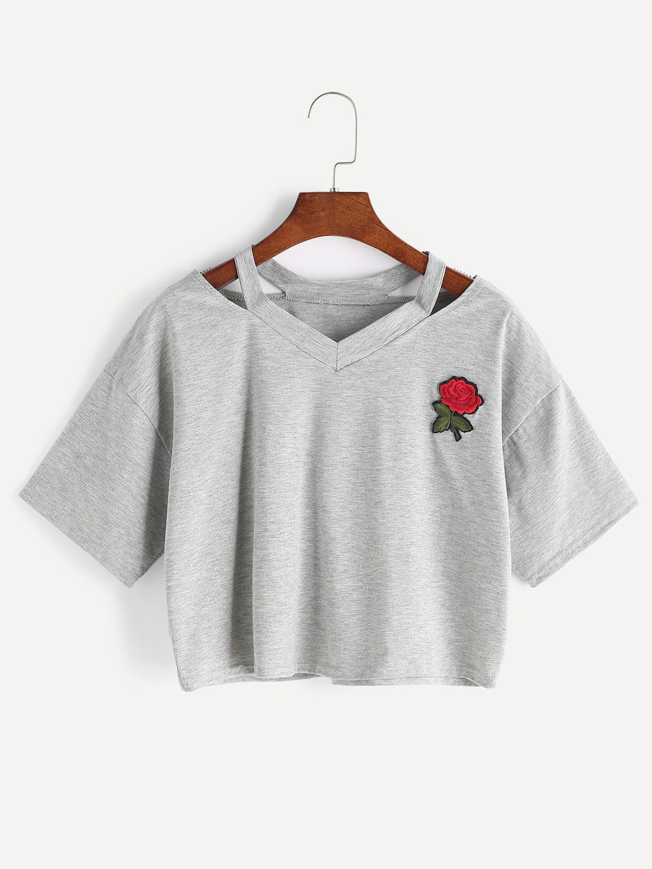 2021 European and American AA style sexy embroidery rose short T-shirt women