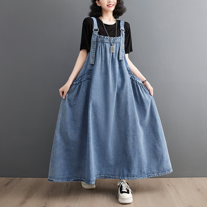 Large Size Women's 2023 Spring and Summer New Arrival Sling Long Skirt Loose Slimming Denim Suspender Skirt Large Swing Dress