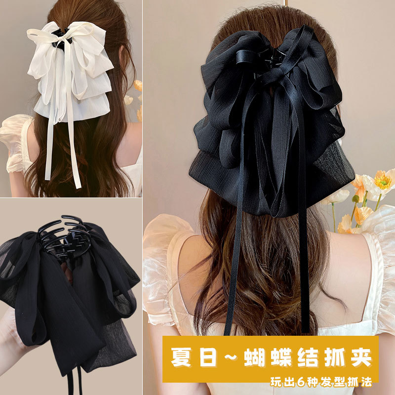 Internet Celebrity Bow Ribbon Hair Clip for Women French Style Gentle Face Small Back Head Hair Clip Chiffon Hair Accessories Headwear