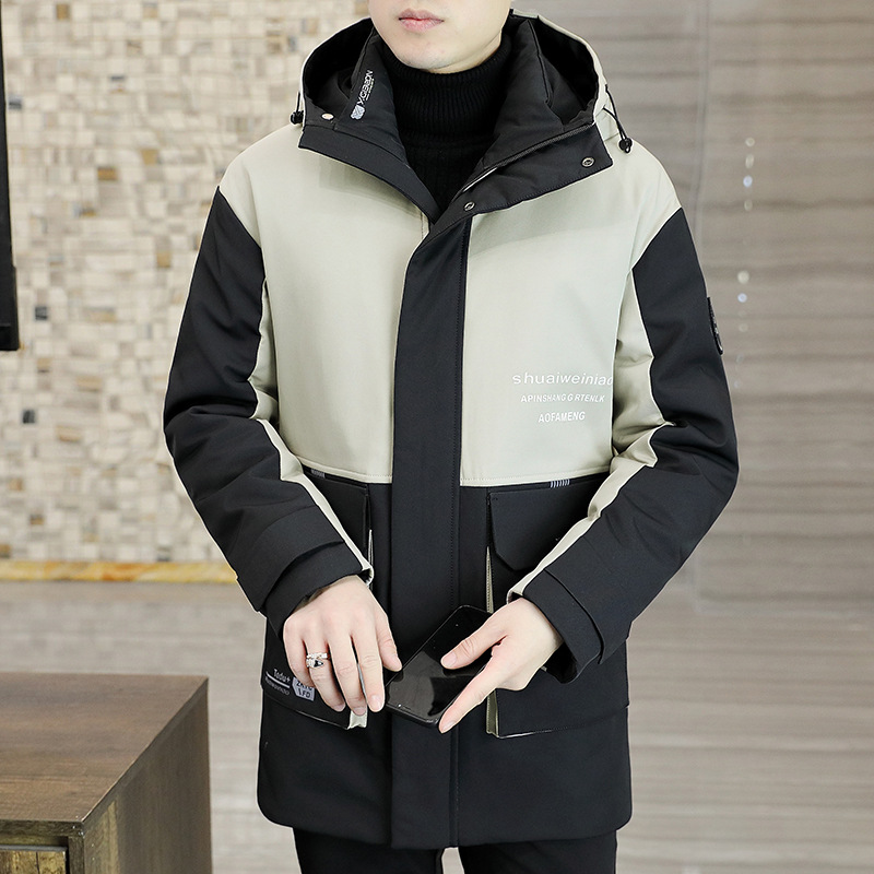 Coat men's youth hooded mid-length plus size men's handsome cotton-padded jacket winter cotton-padded jacket fashion fashion stitching thickened