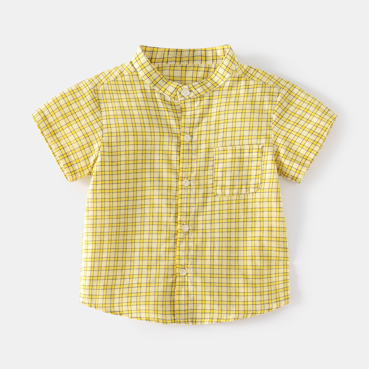 Summer soft and comfortable moisture wicking Plaid stand collar short sleeve fashion outdoor casual style medium and small boys' shirt