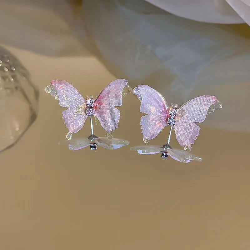 s925超仙幻彩雙層網紗蝴蝶耳釘女夢幻清新少女耳環百搭網紅耳飾