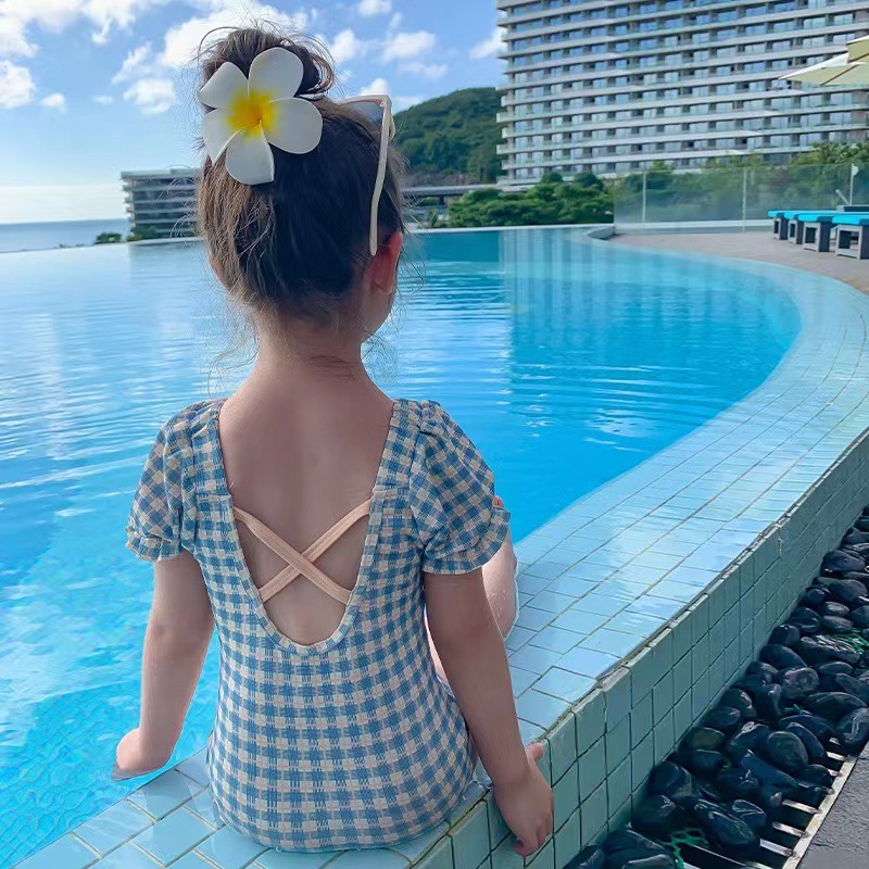 2023 new children's one-piece swimsuit girls' bow Plaid swimsuit cross beauty back elastic puff sleeve swimsuit