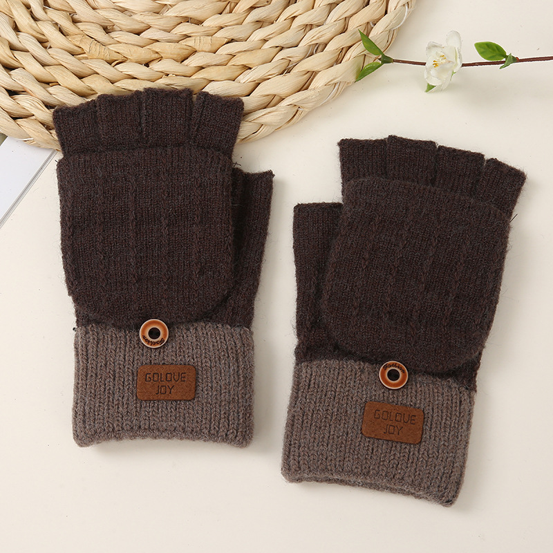 Half finger flip gloves winter warm fleece-lined cold-proof gloves wool knitted gloves autumn and winter open finger finger gloves