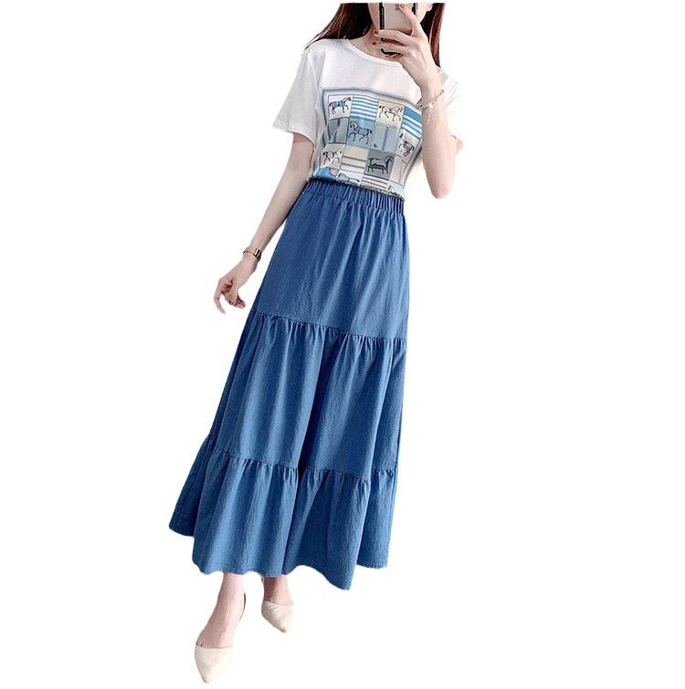 2024 Amazon Spring and Summer New Denim High Waist Joker Long Dress Retro Simple A- line Loose Waist Half