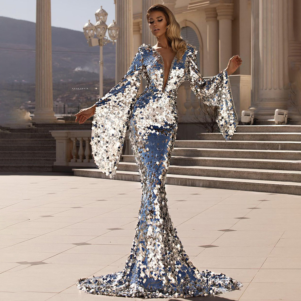 2024 Cross-border Spring New European and American Women's Sexy Sequin Dress Silver Banquet Dress Hip Evening Dress
