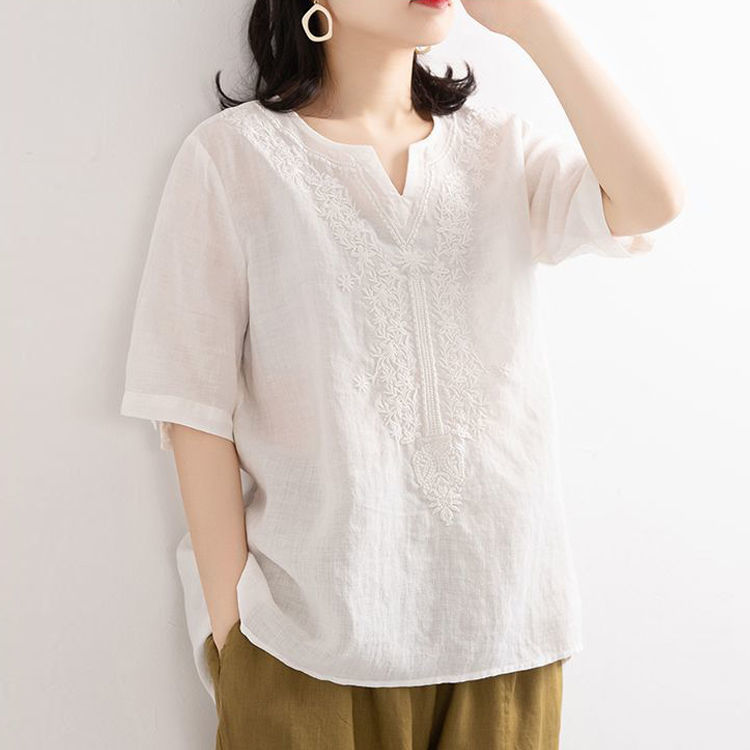 2023 Summer New Style Cotton and Linen Embroidered Shirt Women's Artistic Loose Pullover Short Embroidered Cuff Button V-neck Large Size T-shirt