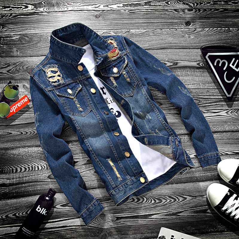 Spring and Autumn Youth Denim Jacket Jacket Casual Ripped Middle School Students Korean Slim-fit Thin Jacket Trendy Men