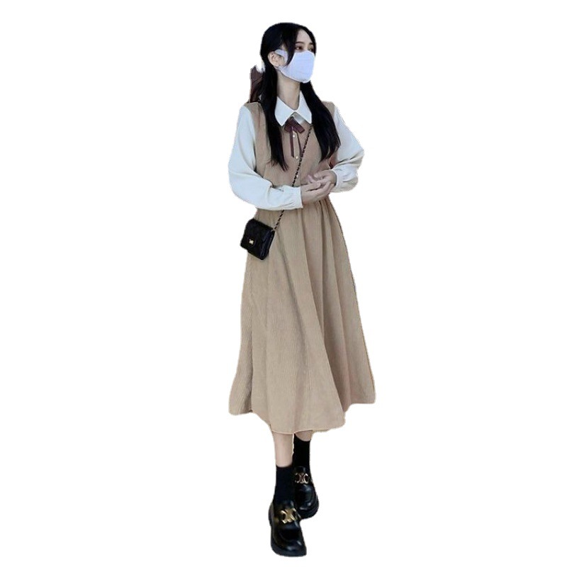 2022 Autumn and Winter New Women's Fake Two-piece Long-sleeved Dress French Retro Elegant Tight Waist Slimming Mid-length Dress