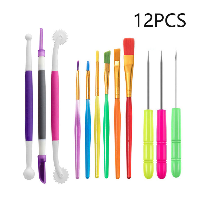 Cross-border clay tools 12 pieces suit cake decoration biscuit brush fondant stirring punch needle tweezers coffee painting