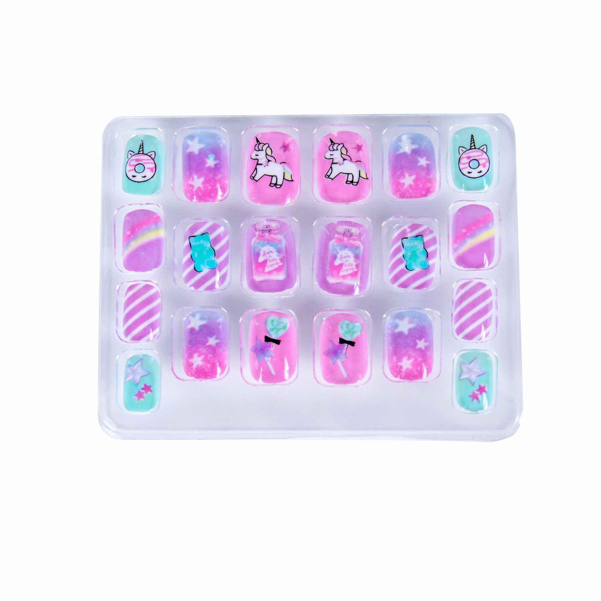 New 20 pieces boxed children's wear nail finished nail patch cartoon unicorn fake nail with adhesive nail piece