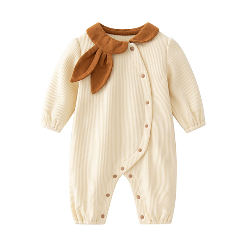 春秋新品新生兒兔耳翻領連體衣女寶寶爬爬服嬰兒加絨衣服帶帽批發