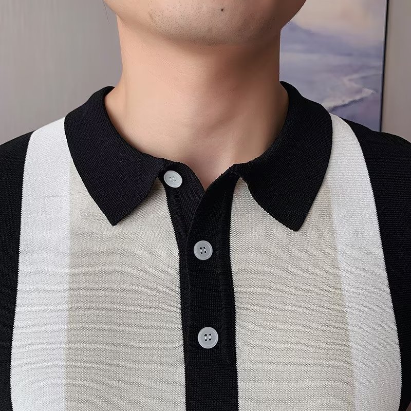 Summer striped short sleeve polo shirt men's Korean-style trendy casual half sleeve T-shirt Black