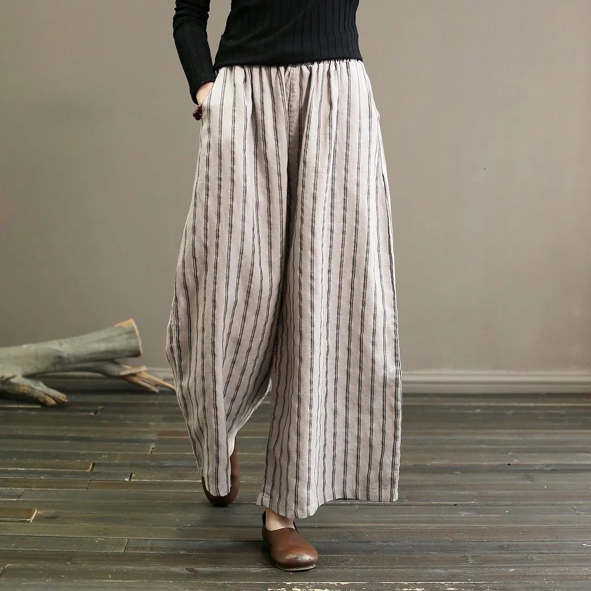 Artistic cotton and linen striped wide-leg pants summer 2023 new women's plus size slimming drape casual straight cropped pants fashion