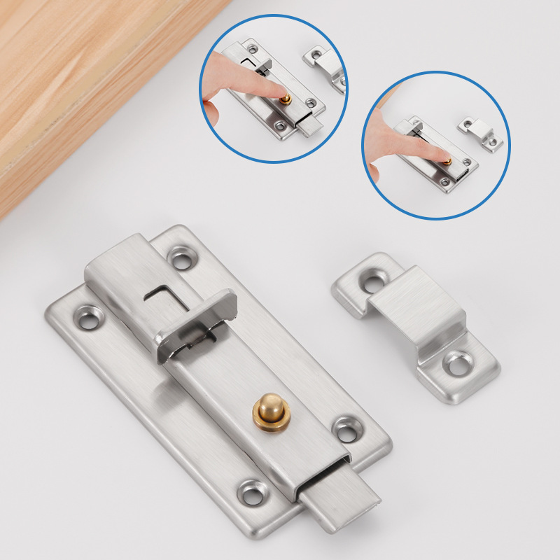 Stainless steel spring latch door bolt manual button thickened lock wooden door public toilet fitting room latch