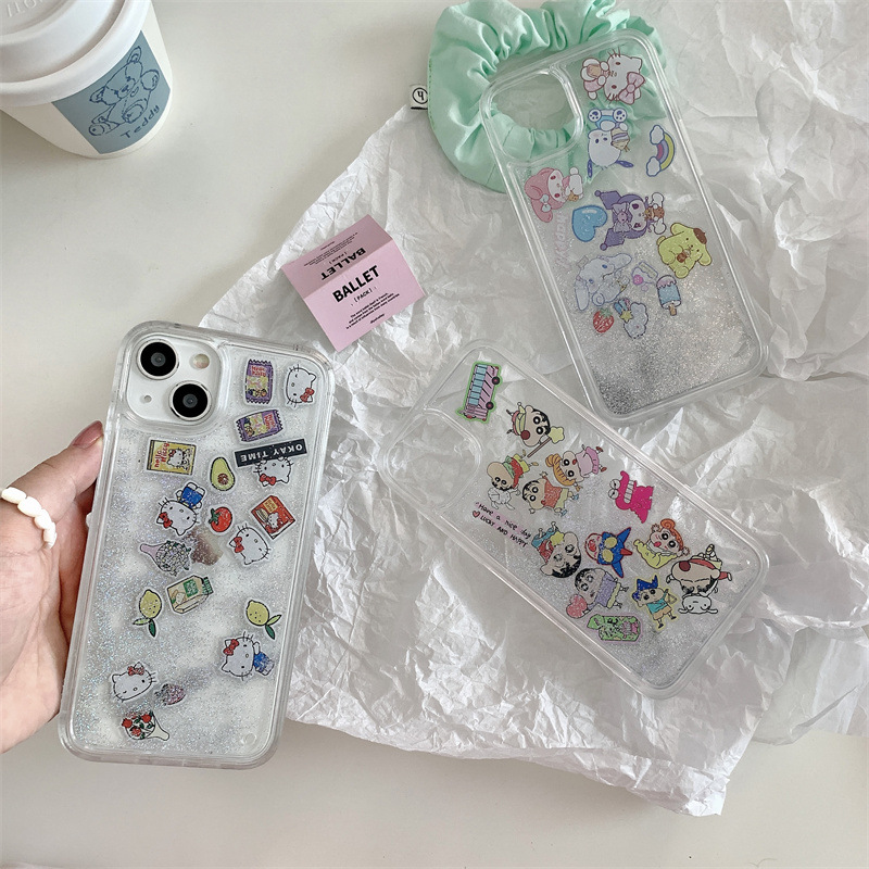 卡通透明流沙三麗鷗小新適用iPhone15手機殼蘋果14防摔13可愛貓12