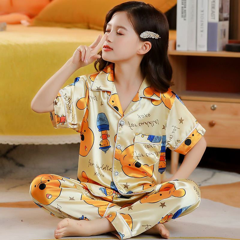 Spring and summer pajamas girls' short-sleeved trousers cardigan Ice Silk thin women's home wear cartoon cute middle and big children