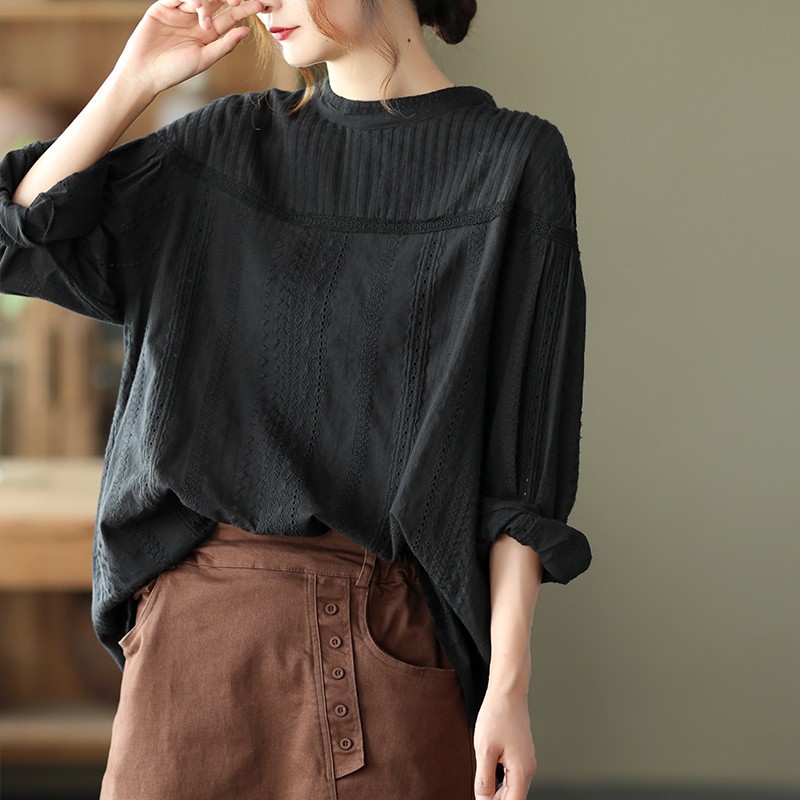 Spring New Artistic Organ Pleated Sweet Lace Hollow Long Sleeve Shirt Pullover Shirt Women's Top 8321