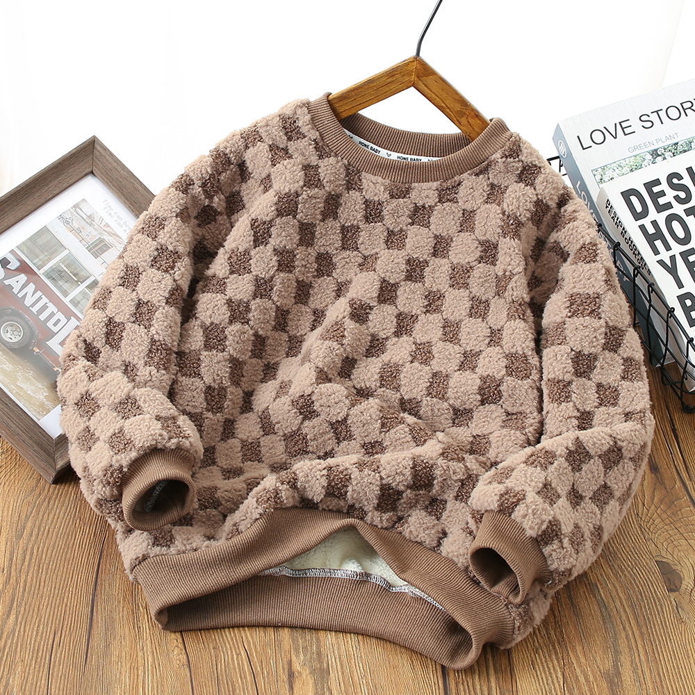 Autumn and Winter new children's sweater plush round neck sweater children's warm top fleece-lined thickened Plaid pullover
