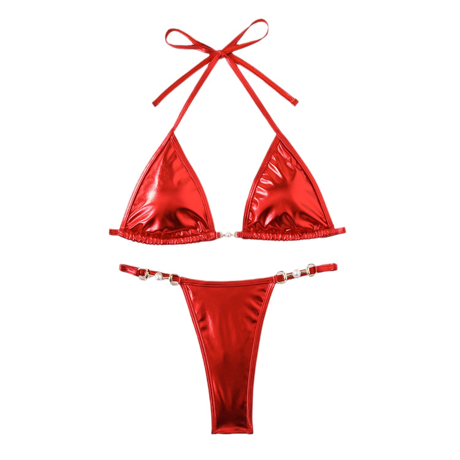 Yiqi new European and American Brazilian Foreign Trade swimsuit women's split pearl pendant connection reflective glossy fabric bikini