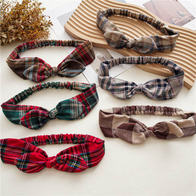 Cross-border Christmas Plaid Fabric Rabbit Ear Knot Hair Band Women's All-match Elastic Headband Hair Band Headwear Spot