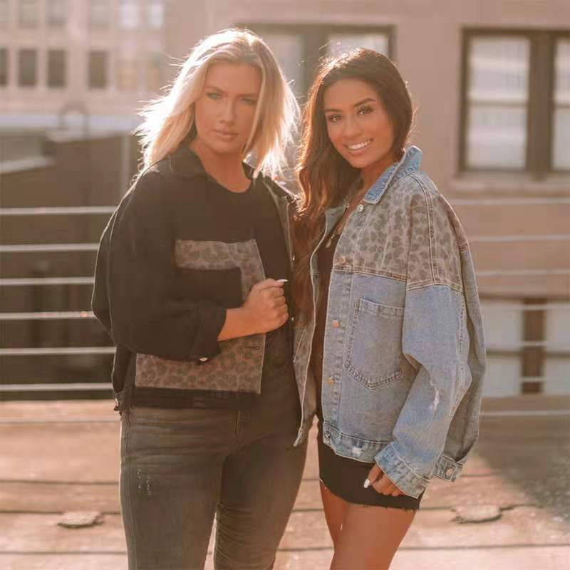 Cross-border autumn and winter Amazon denim coat women's long sleeve independent station European and American denim jacket coat women's leopard stitching