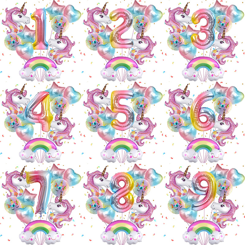 thumbnail for Cross-border Unicorn Digital balloon suit Rainbow 1-9 baby girl birthday party arrangement balloon