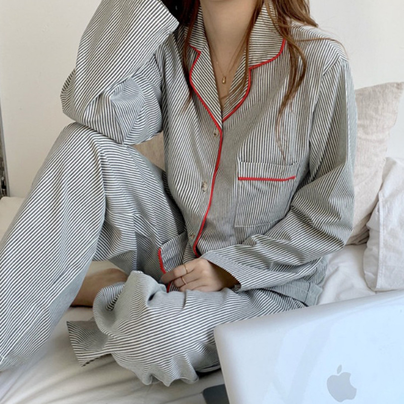 New ins pajamas women's simple striped net popular long sleeve cardigan girls Korean thin home clothes suit wholesale