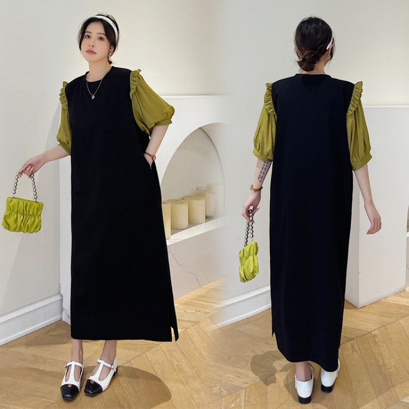 Actual shot of 2024 new summer/large size long slim French stitching color-blocked lantern sleeve short-sleeved round neck dress